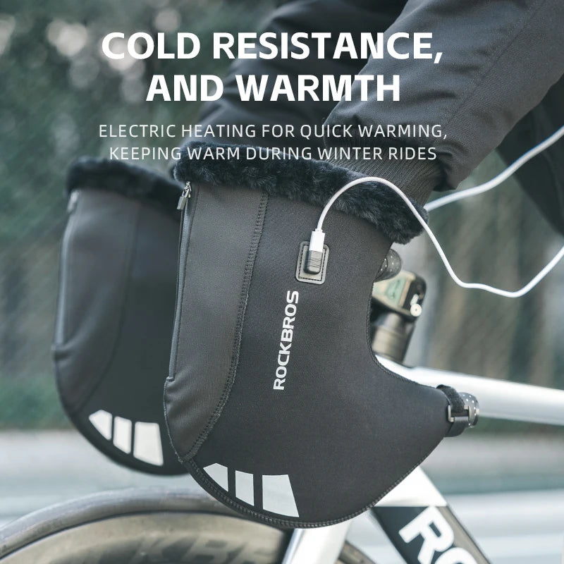 ROCKBROS Winter Cycling Heating Gloves Windproof Thermal Fleece Bicycle Handlebar Mittens Warm Gloves Hand Bag Bike Accessories